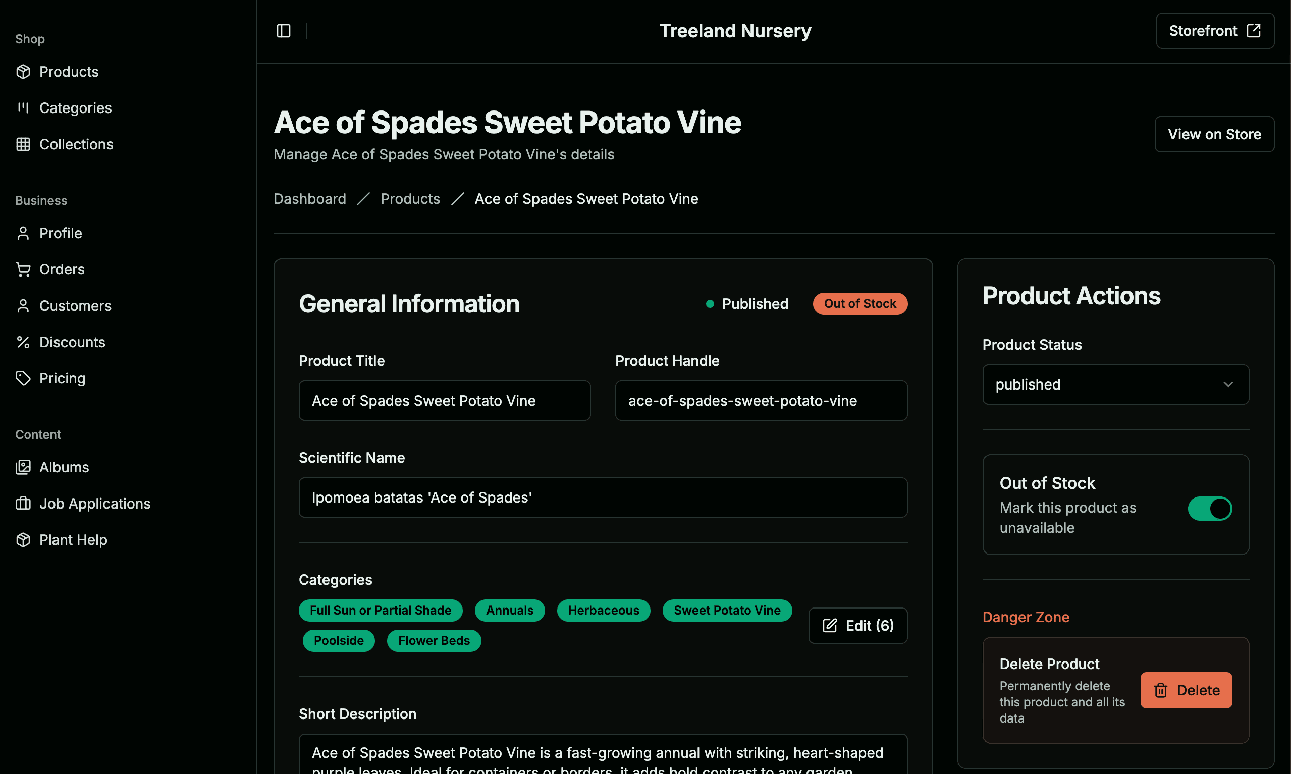 Admin product detail page